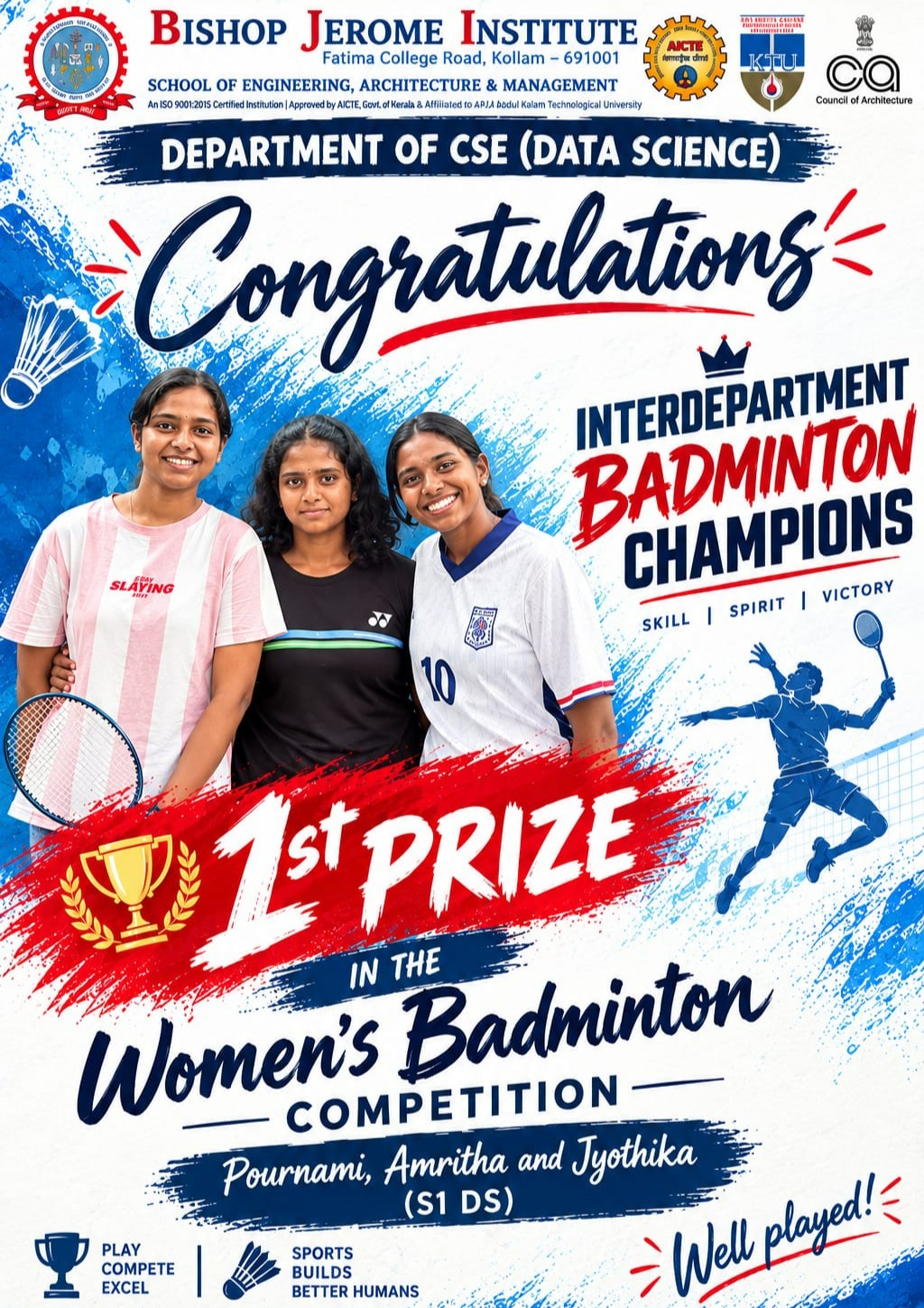 CSE (Data Science) Wins Interdepartment Women's Badminton Tournament | Bishop Jerome Institute